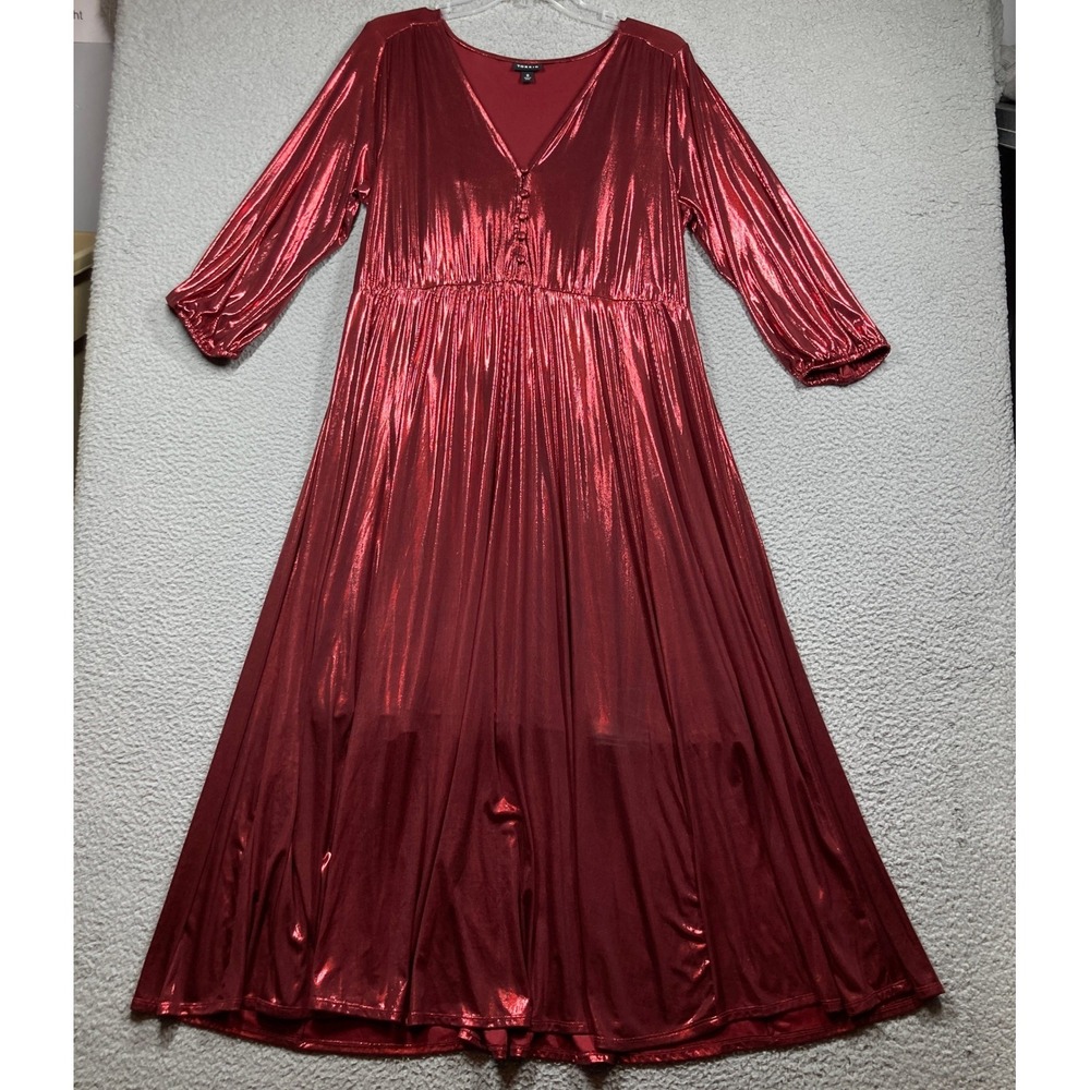 Torrid Maxi Dress Women 0 Large Red Metallic Pleated Shimmer V-Neck Festive